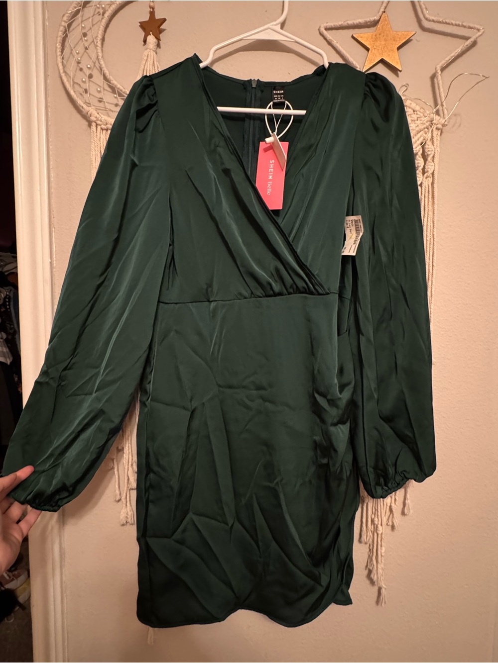 SHEIN Dark Emerald Green Long Sleeve Wrap Dress
